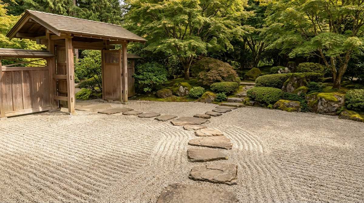 A raked gravel forecourt in a Japanese garden, creating a transitional buffer zone between the entry gate and main garden area. The minimalist gravel expanse requires conscious walking across neutral space before reaching vegetated sanctuary areas, with the crunching sound reinforcing the passage.
