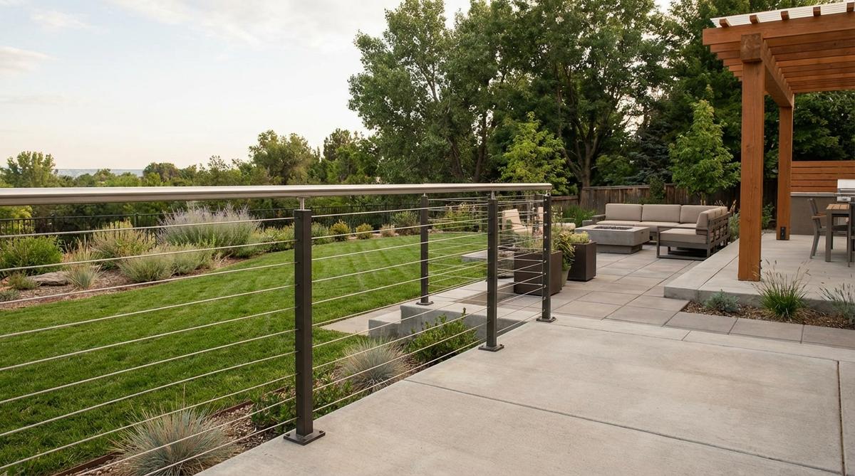 A modern garden featuring horizontal cable railings made of stainless steel, tensioned between posts to create a transparent boundary that maintains views and provides safety. The cables are spaced 3-4 inches apart, emphasizing the garden's horizontal planes with a minimal profile that suits contemporary aesthetics.