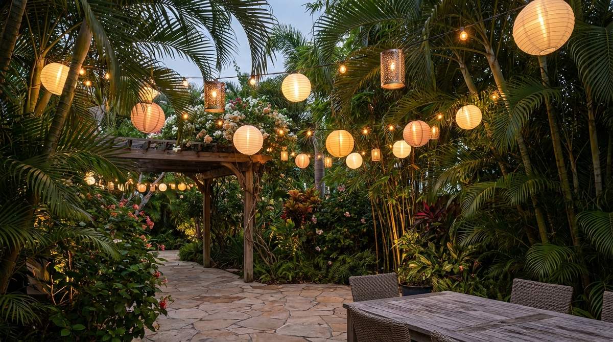 Paper or metal lantern string lights hanging through the canopy of a tropical garden, creating magical evening ambiance with warm white or soft amber lighting. Perfect for transforming day gardens into evening entertainment spaces with adjustable mood lighting.