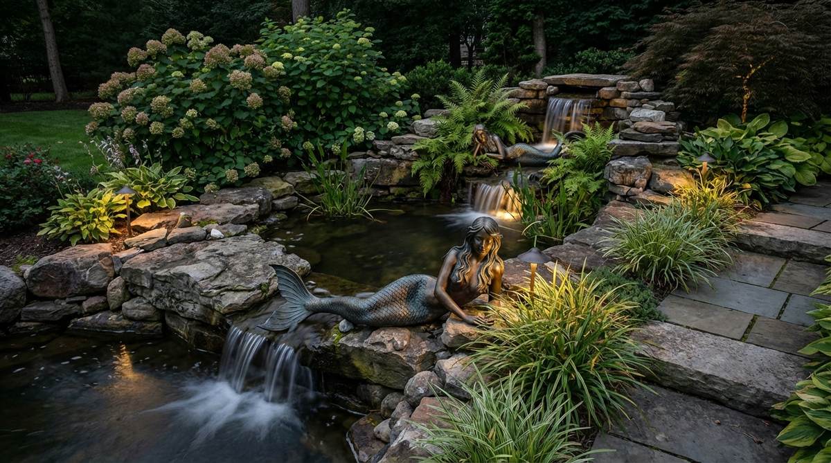 Mermaid statues reclining on rocks in a garden pond or waterfall setting, featuring detailed flowing hair and scaled tails. These 30-48 inch bronze or stone sculptures add a mythical fantasy element to water features, suitable for informal pond designs with romantic themes. Ideal for positioning at pond edges or integrated into waterfall structures, with night lighting to enhance the mysterious atmosphere.