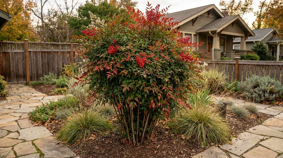 Nandina domestica, also known as heavenly bamboo, features evergreen foliage with bamboo-like vertical stems that turn vibrant red in fall and winter. It displays white spring flowers and bright red berries, offering multi-seasonal interest in Japanese gardens.