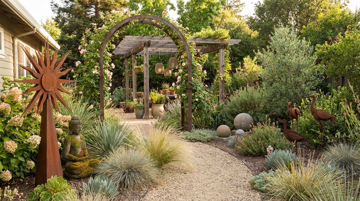 A boho-style garden featuring weather-resistant art and sculptures, including patinated metal pieces and stone elements, arranged among plantings and along pathways to create focal points and discovery moments in outdoor decor.