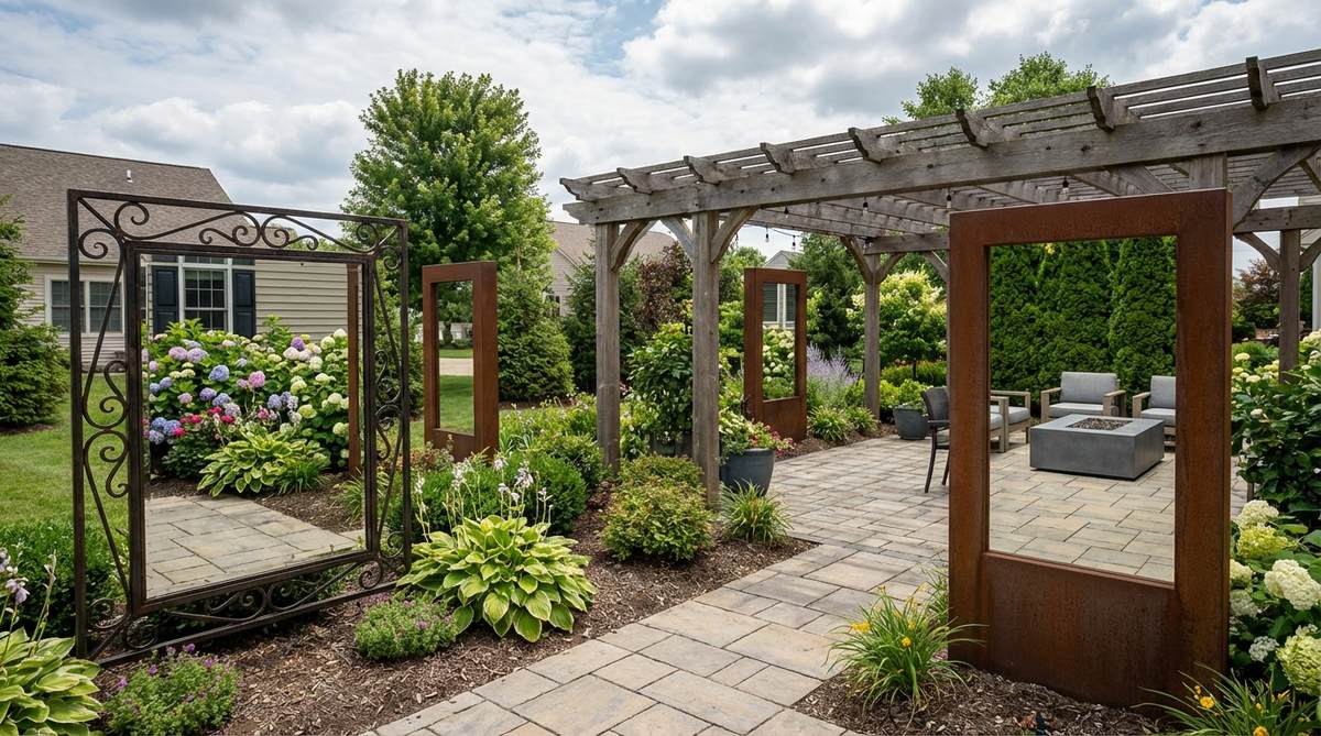 Weatherproof decorative mirror frames serving as garden jewelry, with ornate designs for intentional visual elements or clean contemporary styles for modern landscapes.