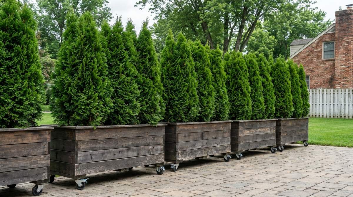 A row of mobile planter boxes filled with dense evergreen plants like arborvitae or cypress, creating a movable privacy hedge. The planters are on casters for easy repositioning, ideal for renters or temporary installations that provide green screening in outdoor spaces.