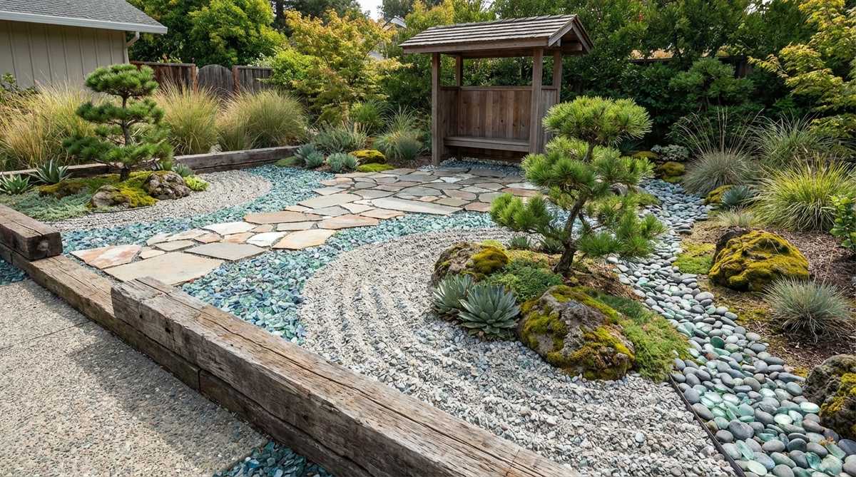 A Japanese Zen garden featuring sustainable design with recycled concrete, glass, or ceramic as stone substitutes, showcasing crushed materials replacing mined gravel to address ecological concerns while maintaining visual principles and adding an ethical dimension to aesthetic choices.