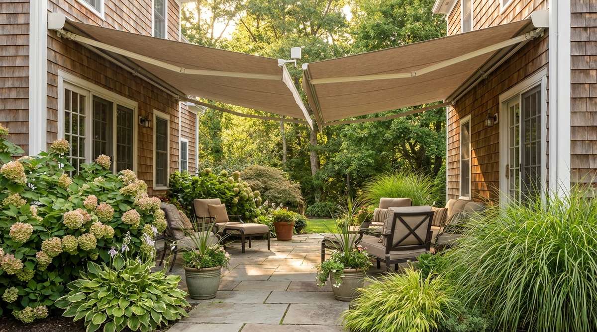 A motorized retractable awning providing flexible shade in a cozy garden setting, featuring solution-dyed acrylic fabric that resists fading and integrated wind sensors for automatic storm protection.
