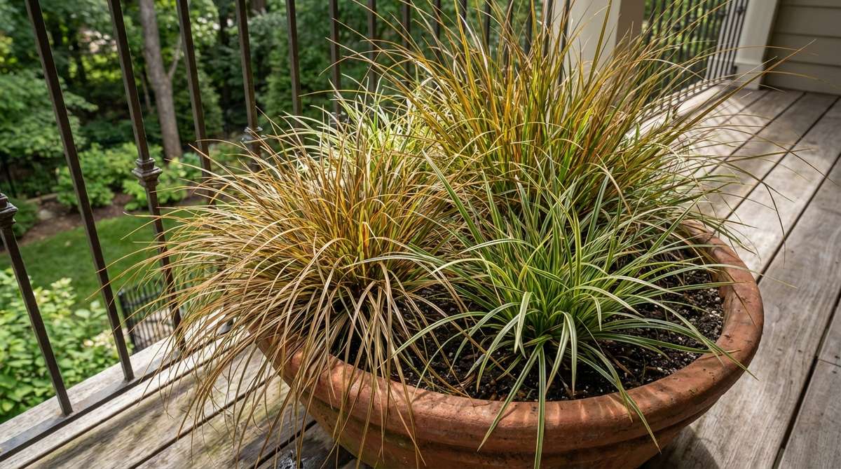 A close-up of Carex sedge plants in a balcony garden container, showcasing their grass-like foliage with bronze to variegated patterns and mounding or upright forms. The image highlights how these shade-tolerant plants thrive in partial shade with consistent moisture, requiring minimal maintenance through spring combing rather than cutting back.