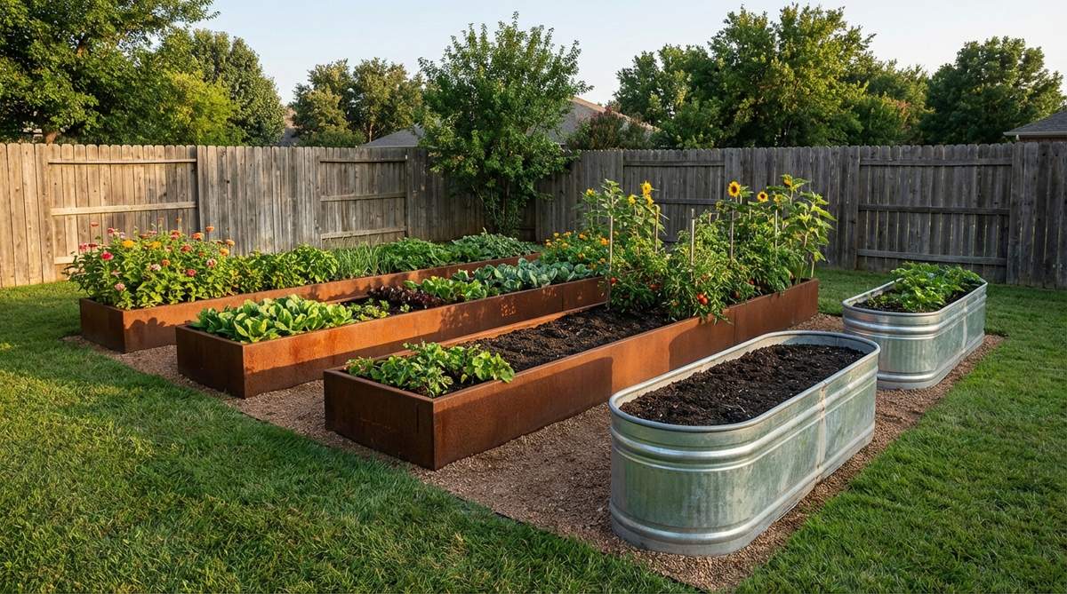 A small backyard garden featuring steel raised beds made of Corten or galvanized steel, showcasing industrial aesthetics with rich patina or bright finishes. The beds are arranged in parallel, filled with quality soil, and planted with organized rows of vegetables or cutting flowers, elevating root zones for optimal growth.