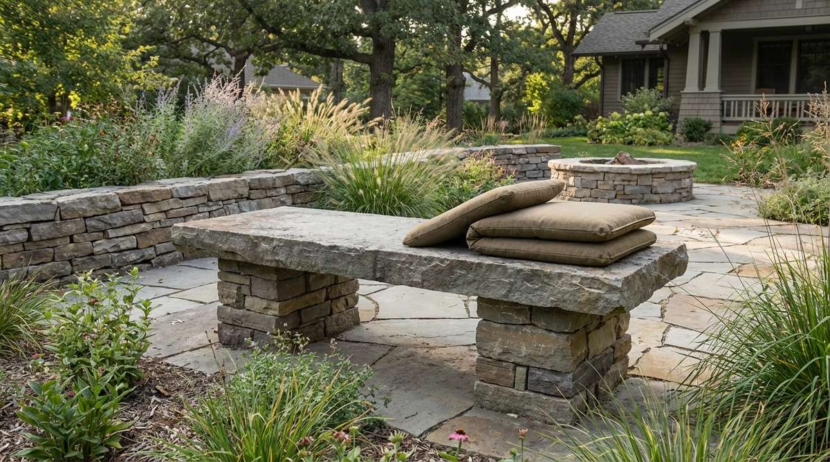 A durable stone bench constructed from stone slabs supported on stone piers, designed for permanent garden seating that requires minimal maintenance and lasts for decades. The bench is sized for comfort with dimensions of 16-18 inches high and 18-24 inches deep, suitable for use with thermal cushions in cold climates where stone retains chill.