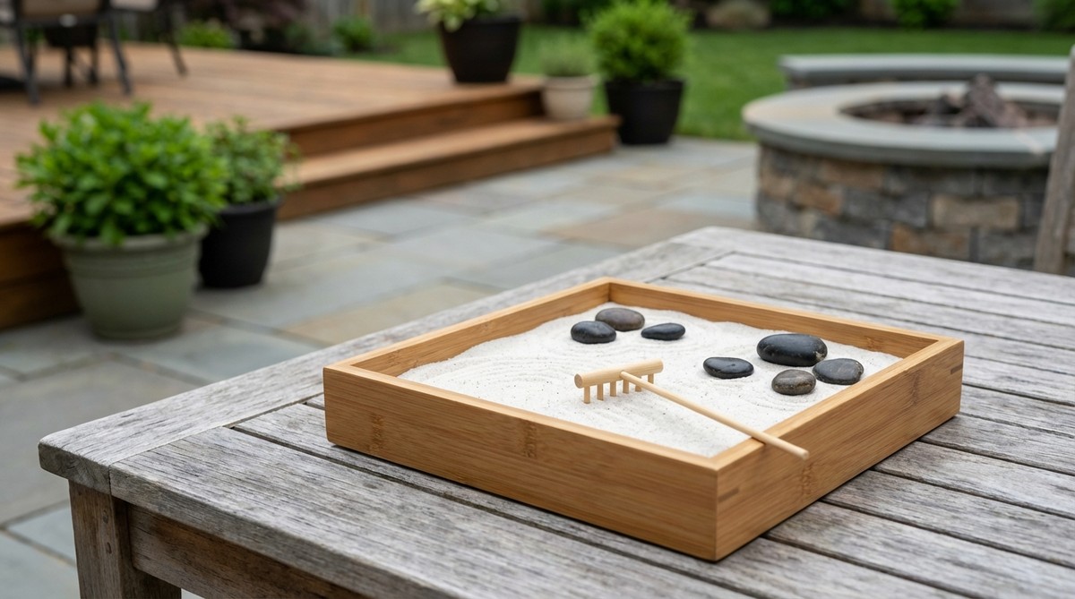 A desktop zen garden featuring fine white sand and polished stones arranged in a shallow wooden frame, used for meditation and stress reduction in work environments.