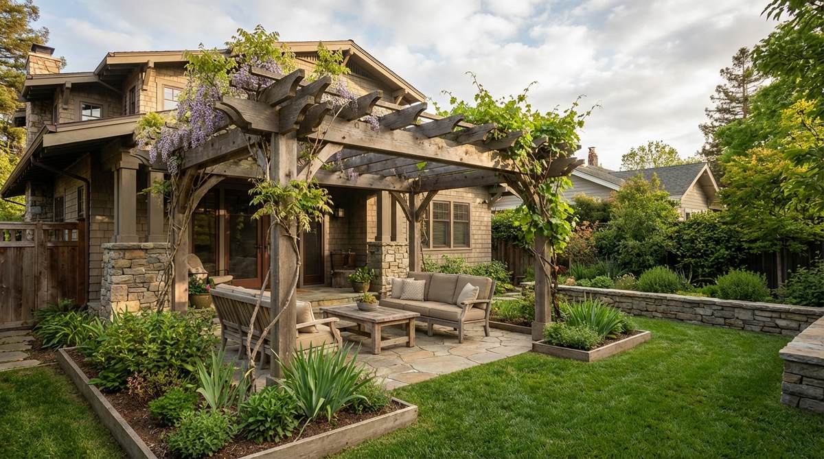 An attached timber pergola extending from a house into a small garden, creating a covered transition zone with vines trained over beams for seasonal shade.