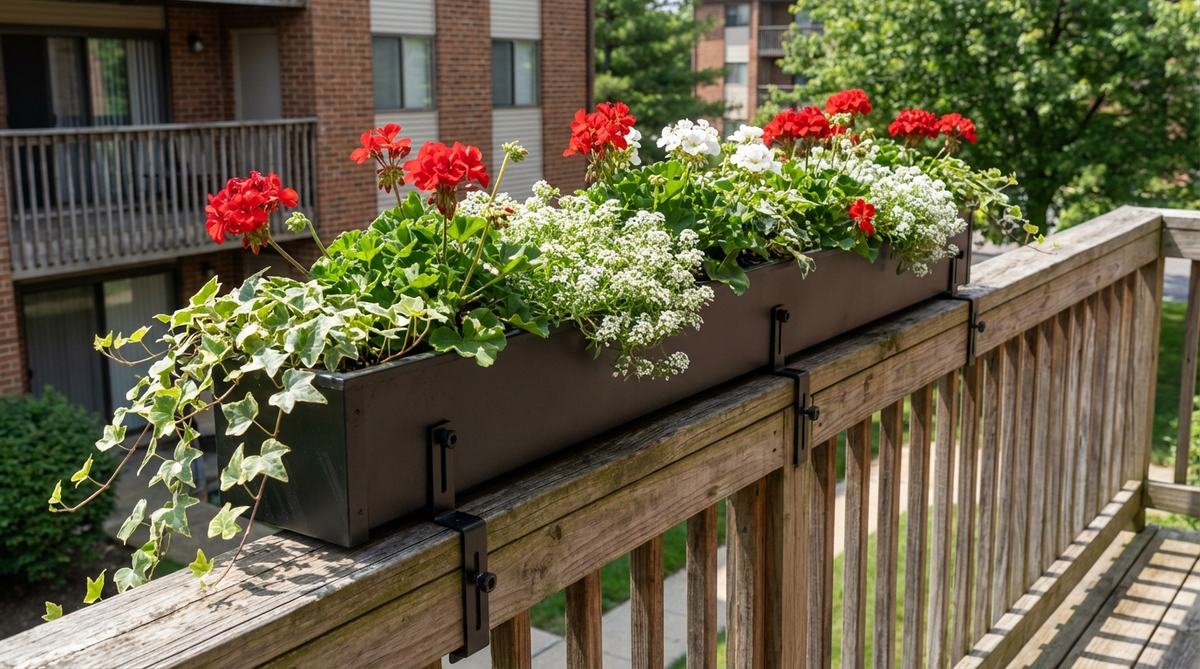 A long narrow planter measuring 24-36 inches long and 6-8 inches wide, secured with adjustable brackets on a balcony railing. It is filled with seasonal annuals or evergreen perennials, maximizing growing space along railings for balconies with limited floor space but extensive railing length.