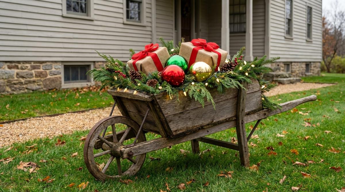 wooden wheelbarrow evergreen displays
