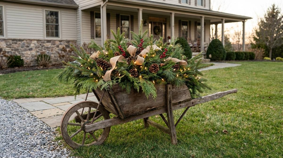 A vintage wooden wheelbarrow filled with evergreen arrangements, decorative elements, and strand lights, positioned on a front lawn as a portable focal point in garden design. This rustic display suits country and farmhouse architectural styles, adding a whimsical narrative element of seasonal celebration.