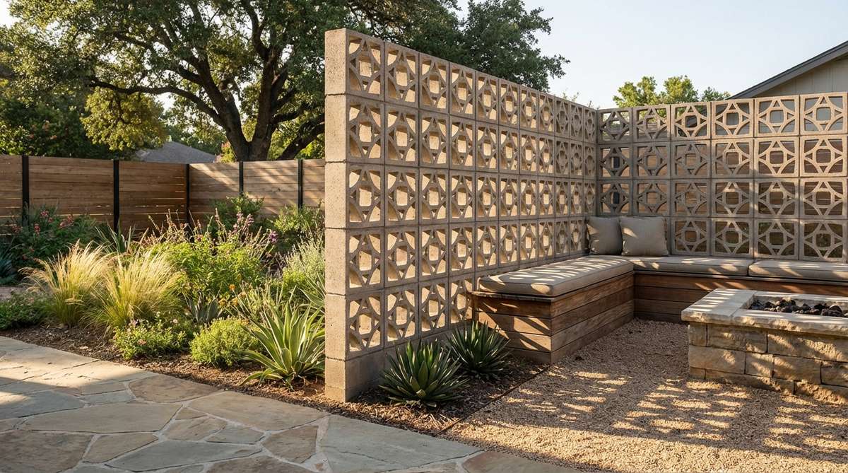 Decorative concrete blocks with geometric patterns used as privacy walls in small garden spaces, allowing light and air to pass through while creating dynamic shadow patterns in contemporary designs.