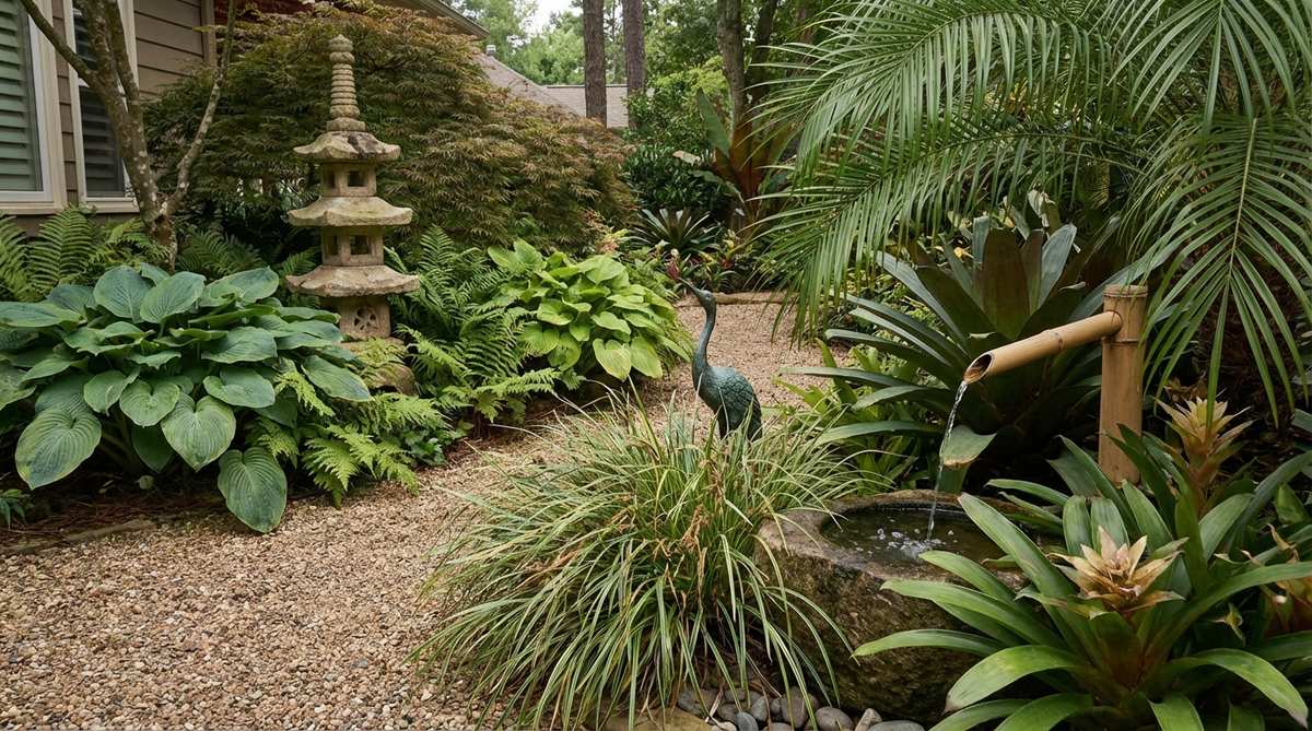 Stone pagoda, bronze statue, and bamboo water feature artfully placed within lush tropical plantings, demonstrating how Asian-inspired ornaments can enhance garden spaces with subtlety and discovery.