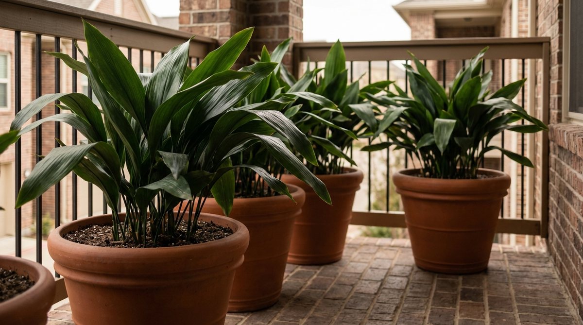 A group of cast iron plants (Aspidistra) in matching containers, showcasing glossy green leaves that thrive with minimal care, ideal for low-light balcony settings like north-facing areas. This indestructible display offers simple elegance and is perfect for beginner gardeners due to its tolerance of neglect, irregular watering, and temperature extremes.
