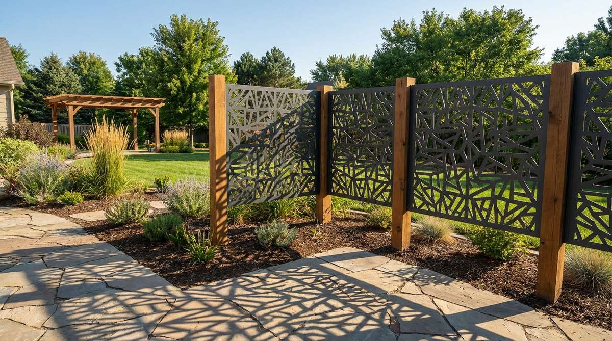 Laser-cut steel or aluminum decorative metal panels mounted on frames, featuring geometric or organic patterns. Powder-coated for weather resistance and color customization, these panels create artistic barriers and cast interesting shadow patterns in outdoor spaces. Ideal for modern design aesthetics, they serve as functional outdoor art.