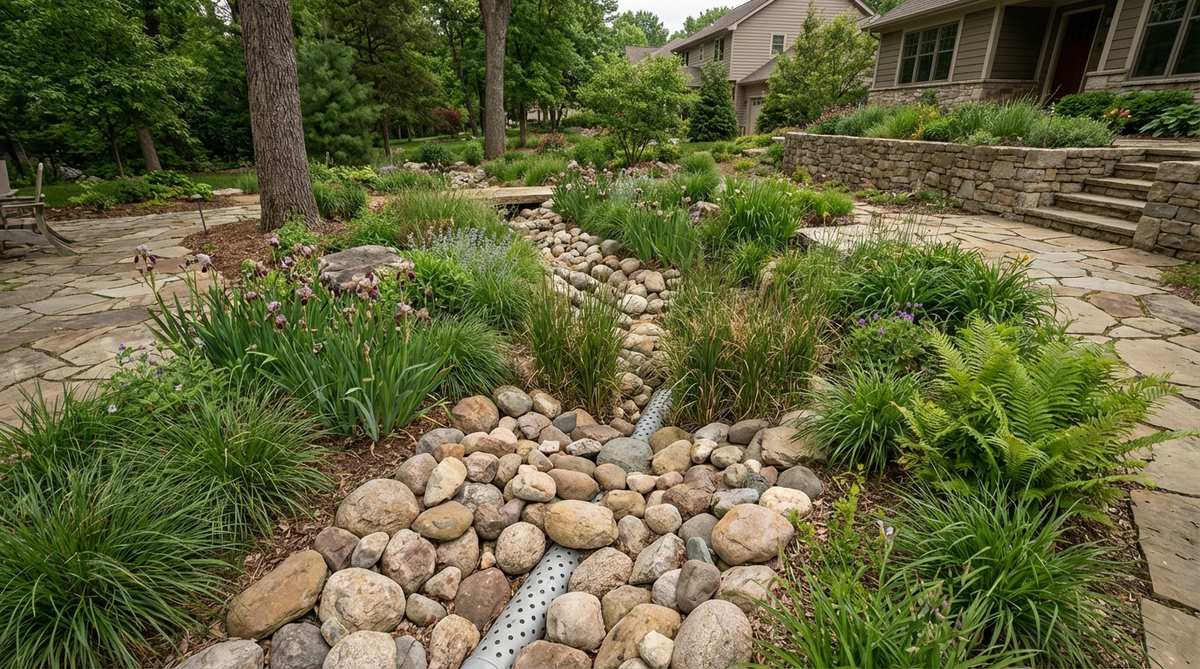 A decorative stone-lined drainage channel in a stone garden, functioning as a bioswale to manage stormwater runoff. The channel features river rock over perforated pipe, with water-tolerant plants along the edges to filter runoff before infiltration into the ground.