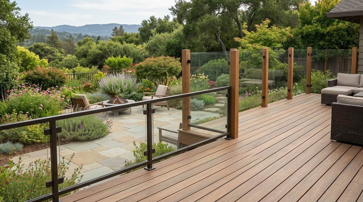 Frameless glass panels mounted to deck railings or freestanding posts, blocking wind while maintaining clear views in a cozy garden setting. Made from tempered safety glass with easy-clean coatings to reduce water spotting and ensure durability.