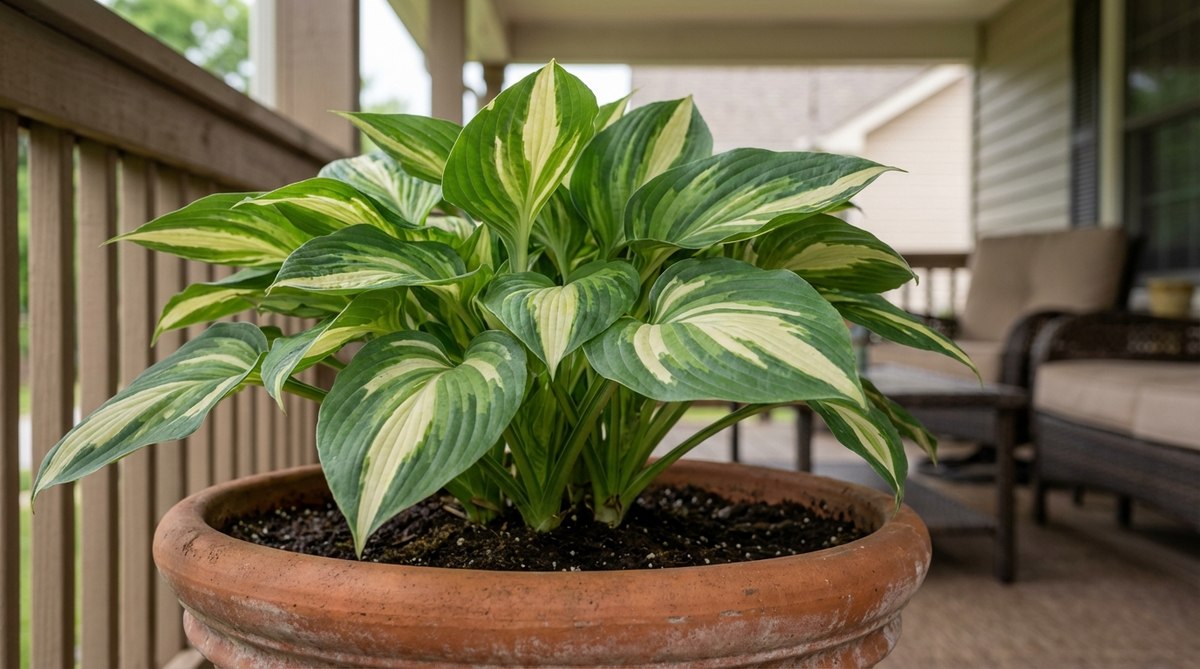 A close-up image of a hosta plant in a balcony garden, showcasing its architectural foliage with green and variegated patterns in a container at least 14 inches wide, thriving in partial to full shade with moist, rich potting soil.