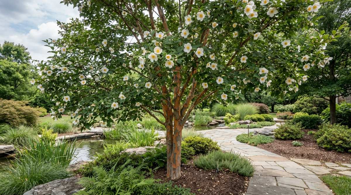 A Japanese Stewartia (Stewartia pseudocamellia) tree displaying its white camellia-like flowers with prominent yellow stamens during midsummer. The tree has a pyramidal form with exfoliating bark showing orange-brown and gray patches, and brilliant orange-red fall foliage. Ideal for Japanese tea gardens with its serene, contemplative appearance.