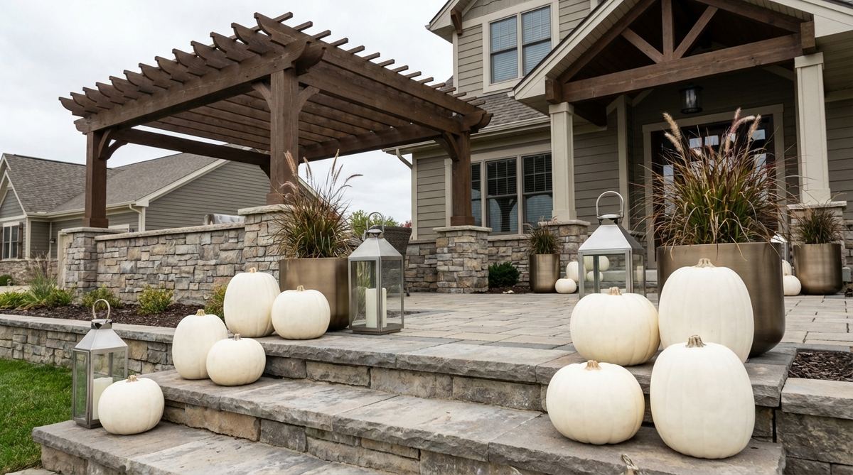 A clean and contemporary display of pure white pumpkins arranged for outdoor fall decor, featuring unified color to highlight forms and structures, with optional metallic accents for elegance, ideal for modern or traditional settings.