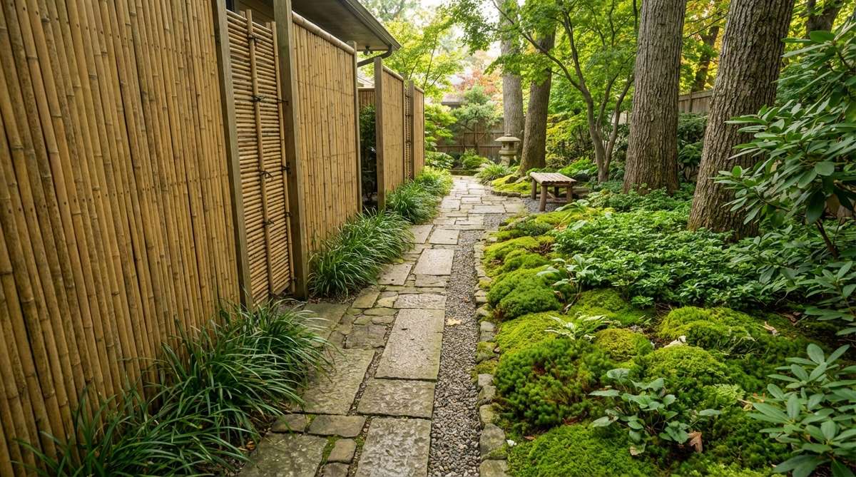 A narrow pathway in a zen garden, featuring vertical bamboo screens on one side and lush moss groundcover underfoot, creating a focused and mindful corridor inspired by traditional tea garden designs.