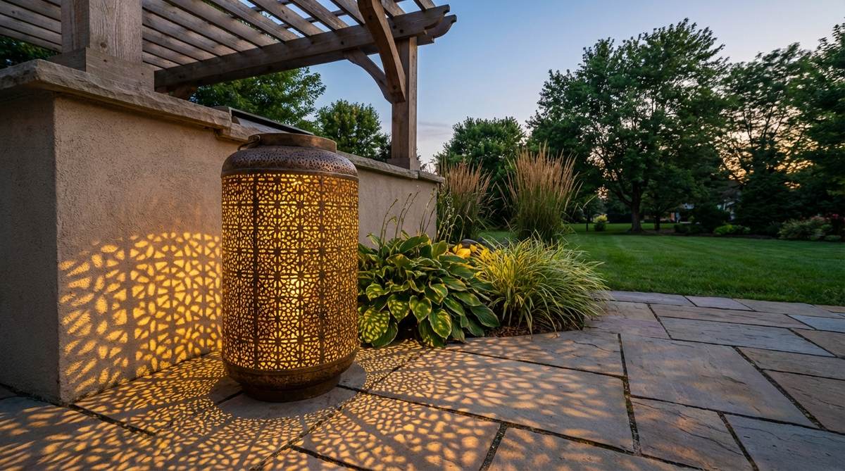 A decorative perforated metal lantern casting patterned light and shadows in a garden setting, enhancing walls and surfaces with dynamic illumination effects.
