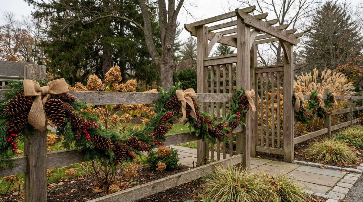 A hand-crafted pinecone garland swag made from collected pinecones wired to jute rope, decorated with evergreen sprigs, berry clusters, and burlap ribbon bows. This natural DIY decoration drapes beautifully across garden railings, doorways, and fence sections, perfect for families seeking craft activities that connect children with nature.