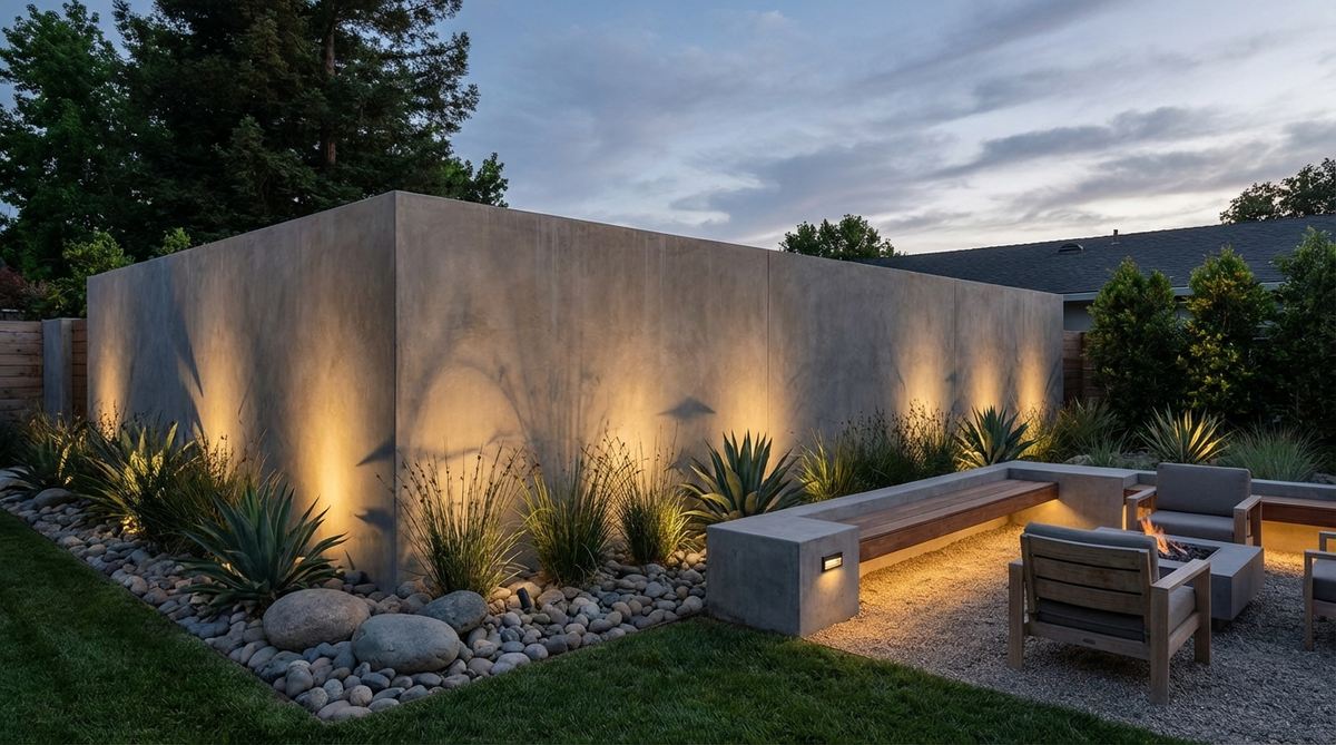 A sleek poured concrete privacy wall in a modern garden setting, showcasing smooth monolithic construction with dramatic lighting effects. The wall serves as a secure enclosure while providing a neutral backdrop for minimalist landscape design.