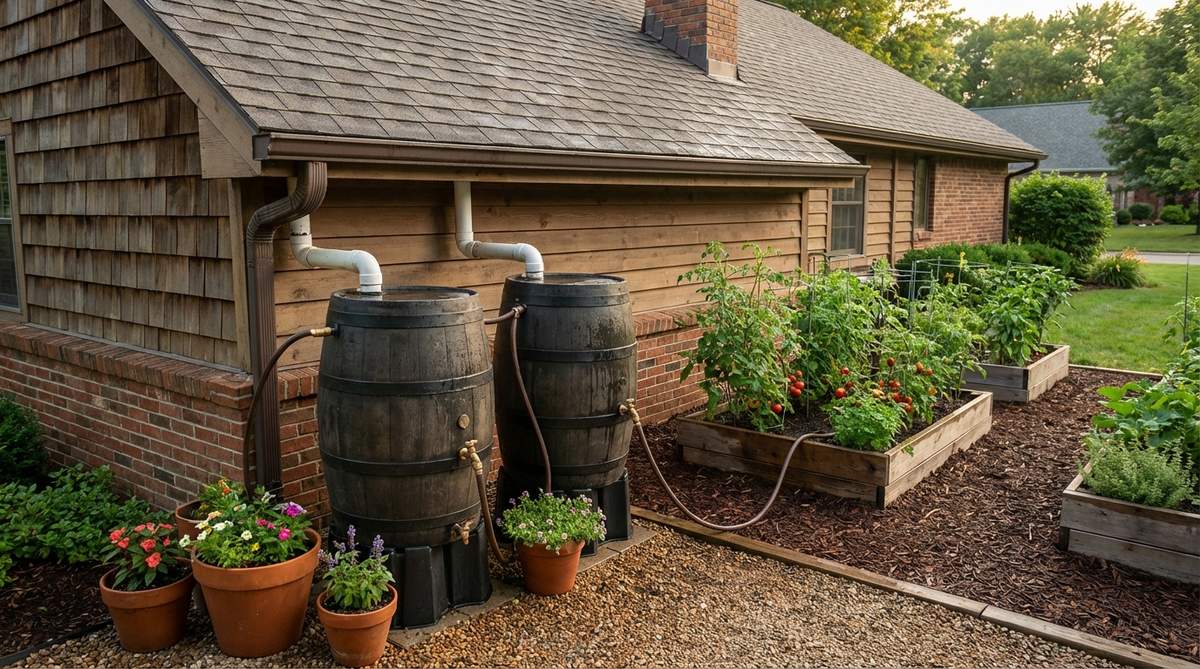 A rainwater collection system with barrels installed under downspouts in a small garden backyard, capturing roof runoff for irrigation. The system includes overflow valves and spigots, providing stored water for container plants and vegetable gardens while reducing municipal water consumption and utility costs.