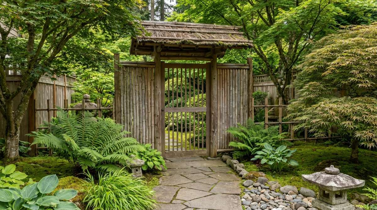 A secondary gate threshold in a Japanese garden, marking the transition from the entrance zone to the interior sanctuary. Constructed with lighter materials like bamboo or wood, it emphasizes separation and enhances the feeling of entering a more private realm.