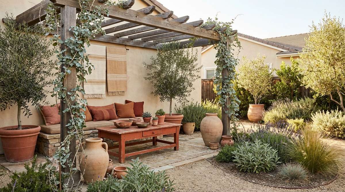 A boho garden scene featuring warm earth tones of terracotta, rust, and burnt sienna, creating a sun-baked Mediterranean ambiance. The palette is introduced through clay pots, cushion fabrics, and painted furniture, paired with dusty greens and soft whites to maintain a cohesive color story.