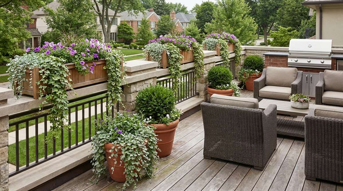 A balcony with cascading plants like ivy and petunias softening hard edges and creating vertical interest through downward growth. The trailing varieties are positioned on elevated surfaces, adding movement and softness to the decor.