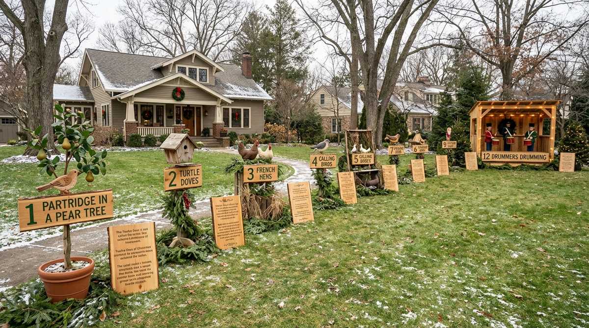 Outdoor Christmas decoration featuring figures representing each verse of the classic Twelve Days of Christmas carol, arranged sequentially across a yard with educational signage creating a thematic treasure hunt experience.