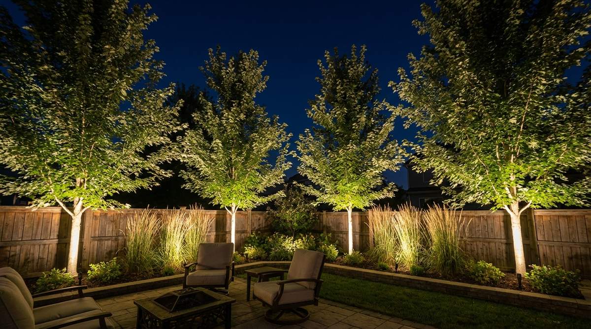 A small backyard garden at night with uplighting illuminating tree canopies and tall grasses, creating vertical expansion and extending perceived space after dark. Low-voltage warm white LED lights positioned 2-3 feet from tree trunks at ground level.