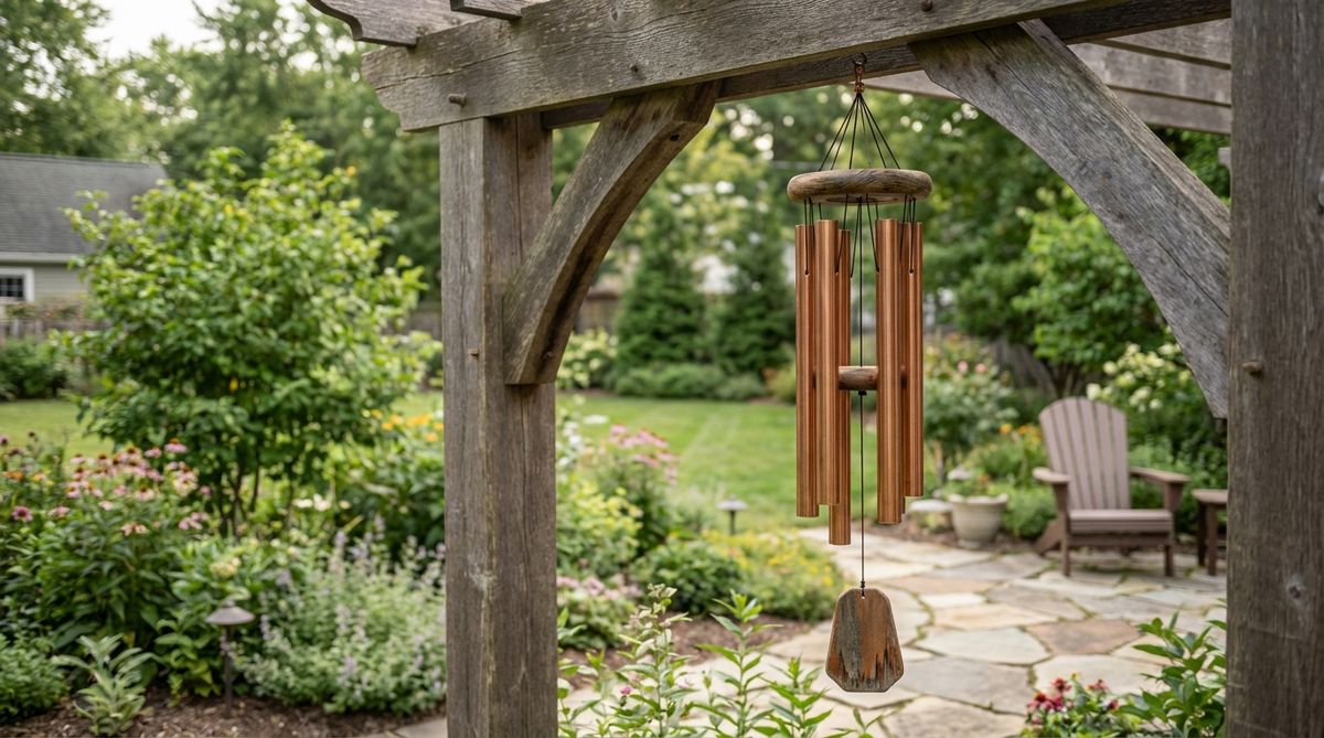 A decorative wind chime hanging from a tree branch or pergola beam in a small garden, adding auditory charm and enhancing spatial perception with melodic tones.
