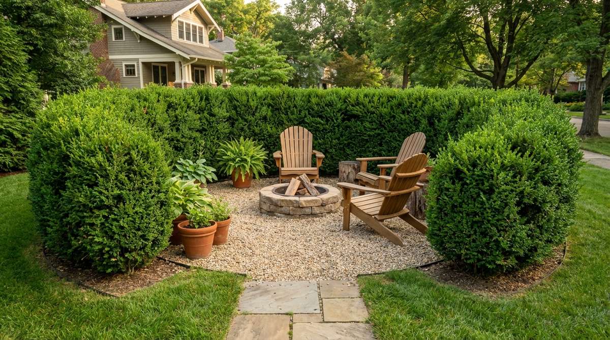 A cozy outdoor alcove garden room created by U-shaped evergreen hedges, featuring a gravel floor that defines the retreat space from the surrounding lawn.