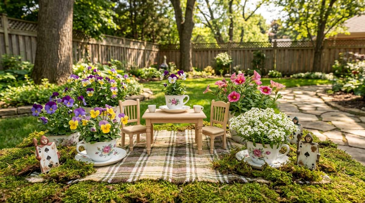 A whimsical miniature garden featuring the Mad Hatter's tea party scene with checkered fabric base, vintage dollhouse furniture, flowering plants in teacup containers, and playing card soldiers among the blooms.