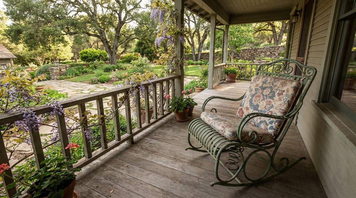 An antique metal spring rocker chair with curved seat and decorative backrest, positioned on a covered porch with vintage floral cushions. The weathered finish and gentle bouncing motion evoke mid-century American garden nostalgia, perfect for porches and patios in vintage garden decor.