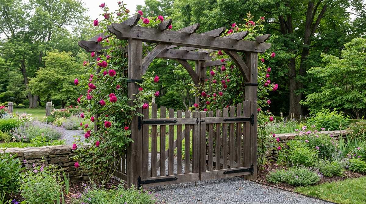 A garden arbor with an integrated gate, designed for rose gardens. The structure provides clear boundaries while allowing visual access, with gate hardware offering additional support for training rose canes. Ideal for creating distinct garden rooms or protecting edible gardens from wildlife, featuring thornless rose varieties like 'Zephirine Drouhin' to prevent snagging.