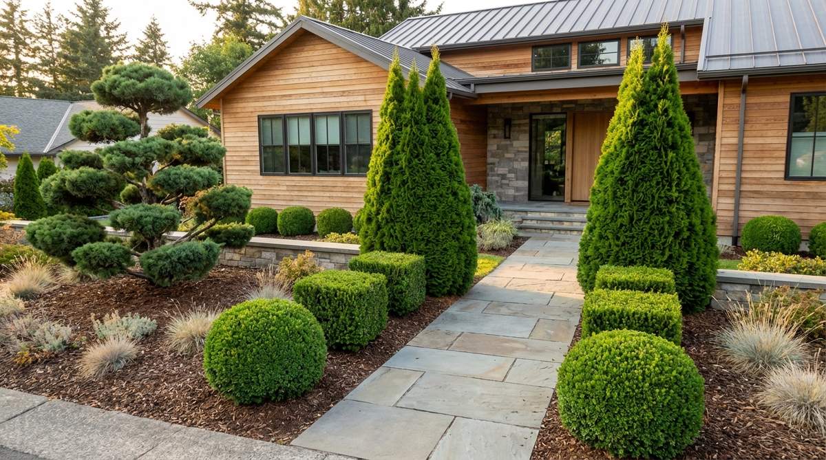 Geometrically shaped evergreens like spheres, cones, and cubes serve as living sculptures in modern front yards. Cloud-pruned junipers and precisely trimmed boxwood balls provide year-round structure with bold visual impact, positioned symmetrically to frame entryways or asymmetrically for dynamic compositions.