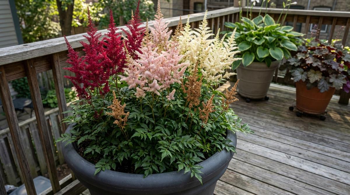 A close-up of an Astilbe plant showcasing its feathery plumes in shades of pink, white, and red, set against fern-like foliage. This shade-loving plant is ideal for urban balconies, thriving in moist conditions and tolerating wind exposure when properly watered. The image highlights its use in self-watering containers, with spent flowers left uncut to provide winter interest, making it a resilient and decorative choice for balcony gardens.