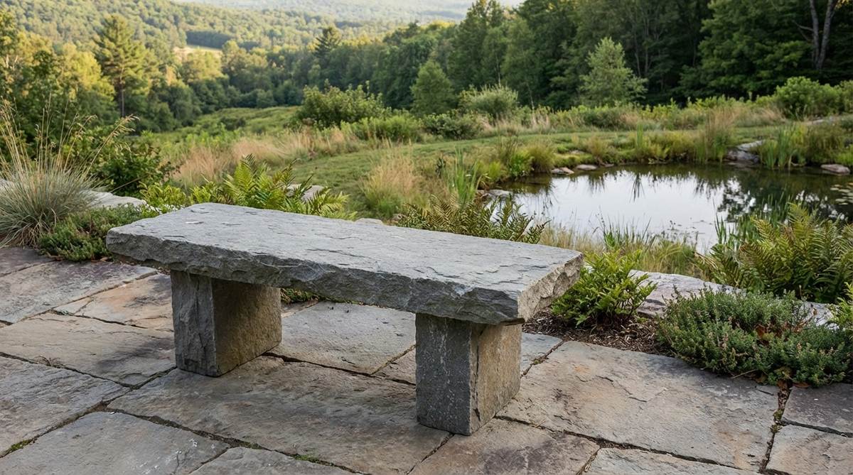 A minimalist stone garden bench featuring a thick slab balanced on two robust pillars, suitable for contemporary or traditional settings, ideal for short rests near overlooks or water features.