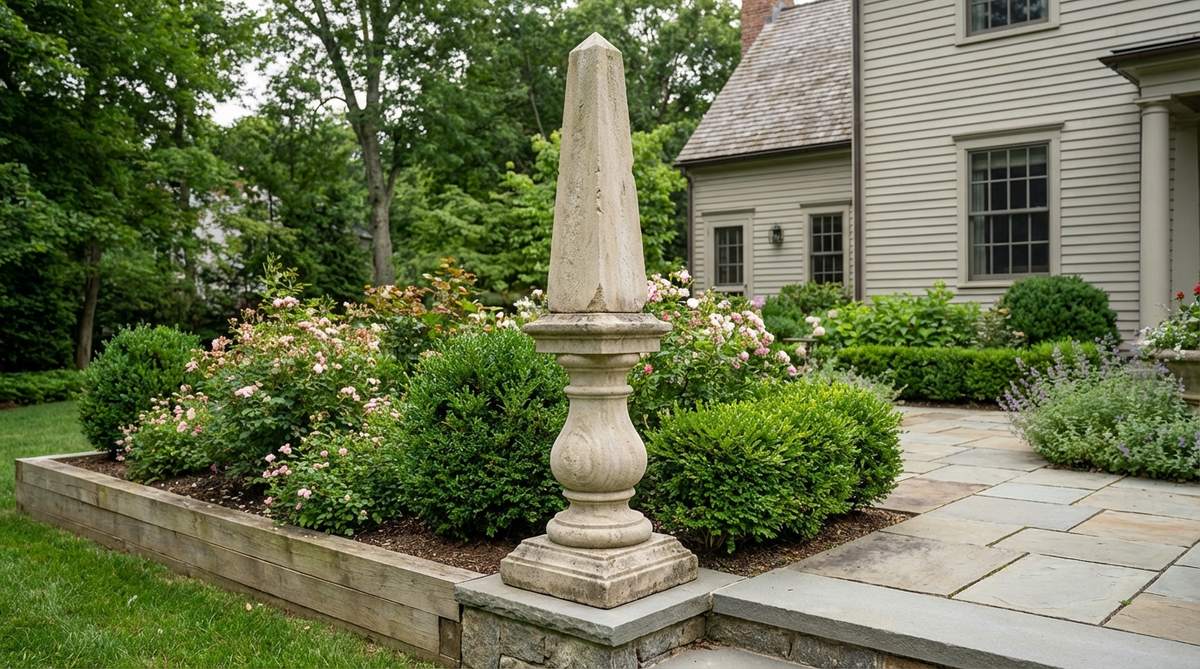 A limestone garden obelisk featuring turned baluster elements in the lower shaft transitioning to a traditional tapered upper section. This hybrid design combines decorative and architectural functions, ideal for placement along terrace edges or raised planting beds where it visually connects to built elements. The skilled carving maintains symmetry and proportion between the baluster neck, belly, and base sections.