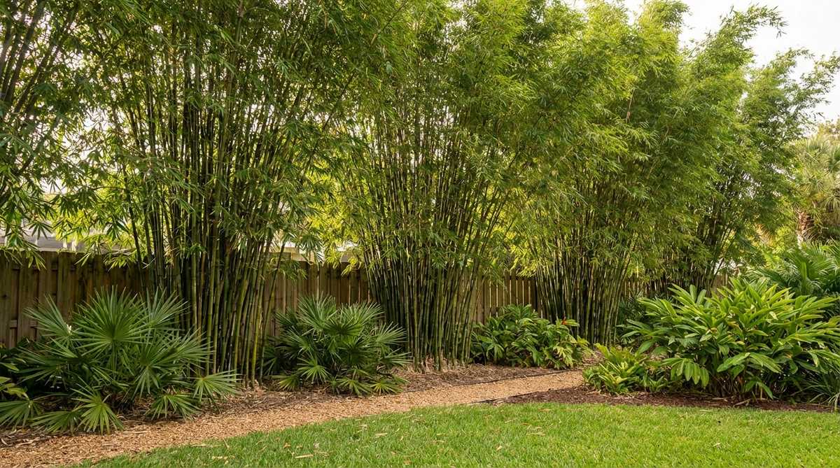 A lush clumping bamboo screen forming a canopy wall in a tropical garden, reaching 15-25 feet tall with a narrow footprint, providing privacy and wind protection while rustling in the breeze. Planted 5 feet apart along a fence line and combined with lower palms to soften the base, creating an authentic tropical ambiance.