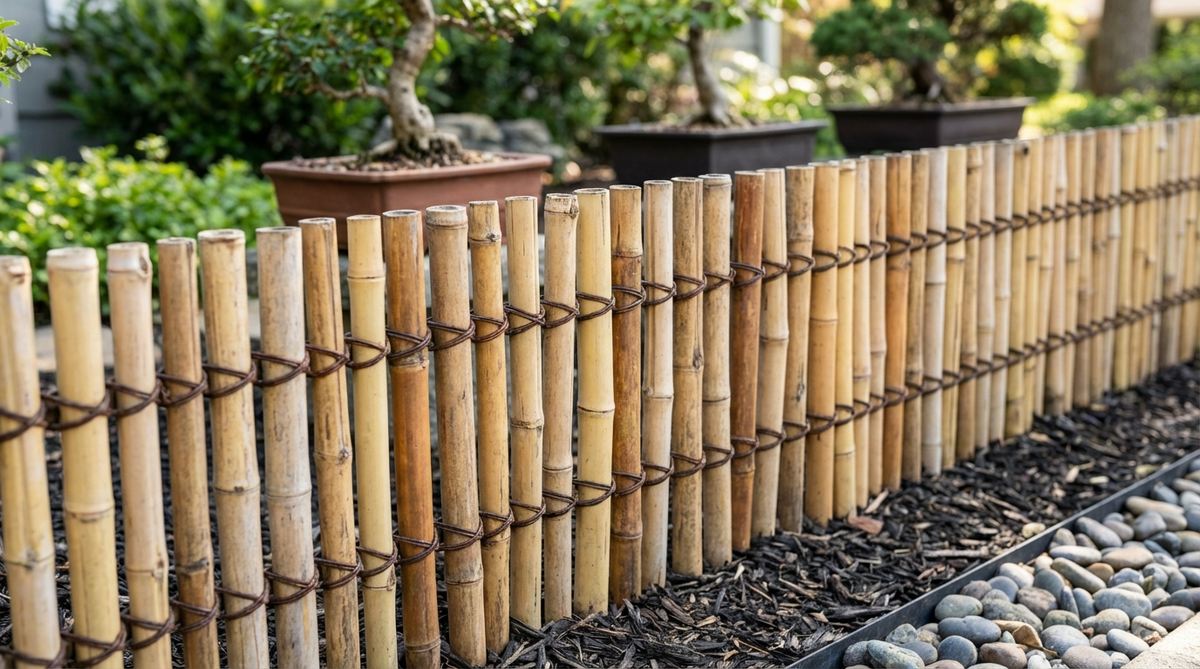 A close-up photo showing vertical bamboo stakes lashed together with dark thread or wire, creating an Asian-inspired mini garden fence. The natural color variation of the bamboo adds organic authenticity, complementing zen gardens, bonsai presentations, and tropical terrarium themes. The vertical design draws eyes upward, adding height interest to flat garden compositions.