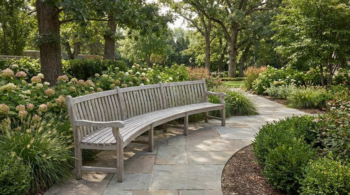 A contemporary teak banana bench with a subtle gentle arc, positioned to follow natural landscape curves around trees or garden beds. The curved profile eliminates sharp corners while maintaining clean modern lines, creating conversational seating arrangements where guests naturally angle toward each other. The bench weathers beautifully outdoors, developing character over seasons while the arc adds structural rigidity compared to straight designs.