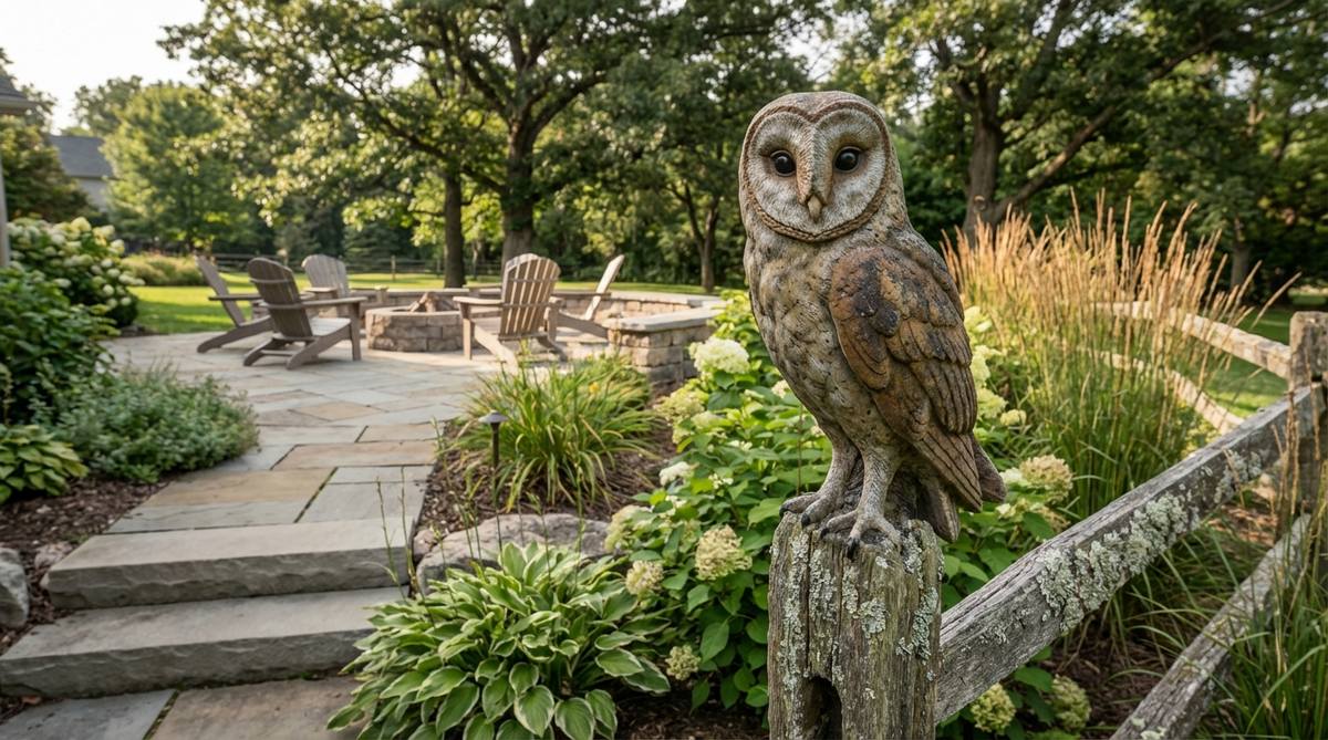 A realistic barn owl garden decor figure with heart-shaped face, mottled brown plumage, and penetrating dark eyes, perched on a post or tree stump as a decorative sentinel that adds nocturnal mystique to garden designs.
